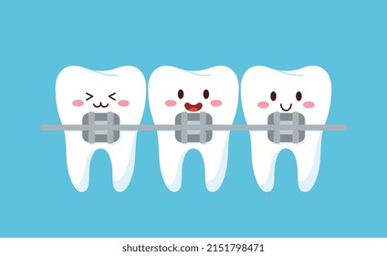 Beautiful, cute teeth-characters after correction, vector flat illustration. Happy teeth on a white background. Dental care, dental correction