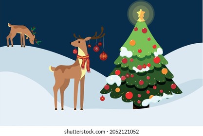 Hermoso y lindo ciervo de dos estilos. Cernícalo de caricatura. Árbol de Navidad bellamente decorado. Ilustración del vector