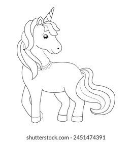 Beautiful cute unicorn coloring page for kids,Black and white outline vector illustration for coloring books,prints