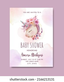 Beautiful cute unicorn with flower watercolor baby shower invitation