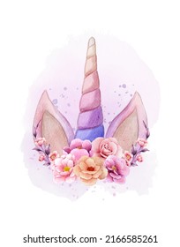 Hermoso lindo cuerno de unicornio con flores acuarela ilustración para niñas y niños