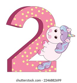 Beautiful cute unicorn with the number two. For kids. Vector.
