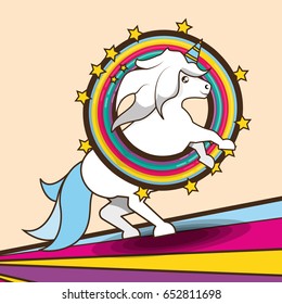 beautiful cute unicorn running over colorful rainbow