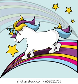 beautiful cute unicorn running over colorful rainbow