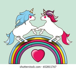 beautiful cute unicorn running over colorful rainbow
