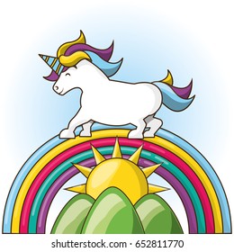 beautiful cute unicorn running over colorful rainbow