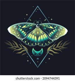 Beautiful cute vector illustration of butterfly in green colors. For print for T-shirts and bags, decor element. Mystical and magical, astrology illustration