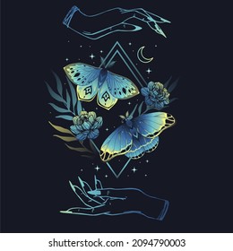 Beautiful cute vector illustration of butterfly in magic colors. For print for T-shirts and bags, decor element. Mystical and magical, astrology illustration