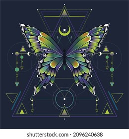 Beautiful cute vector illustration of butterfly in green colors. For print for T-shirts and bags, decor element. Mystical and magical, astrology illustration