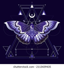 Beautiful cute vector illustration of butterfly in violet colors. For print for T-shirts and bags, decor element. Mystical and magical, astrology illustration