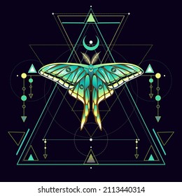 Beautiful cute vector illustration of butterfly in green colors. For print for T-shirts and bags, decor element. Mystical and magical, astrology illustration