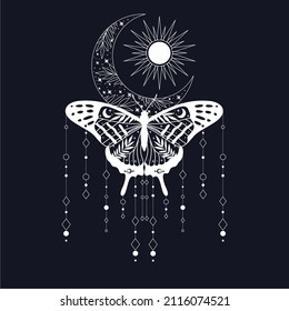 Beautiful cute vector illustration of butterfly in white colors. For print for T-shirts and bags, decor element. Mystical and magical, astrology illustration