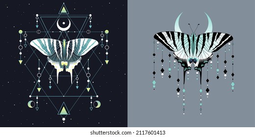 Beautiful cute vector illustration of butterfly in azure colors. For print for T-shirts and bags, decor element. Mystical and magical, astrology illustration