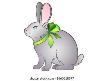 Beautiful, cute, vector rabbit with pink ears and a nose. Gray rabbit with a green bow on the neck. Funny pet - rabbit - full color picture