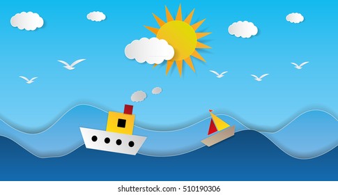 Beautiful Cute vector Steam Boat on paper cut seascape, background illustration