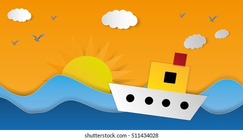 Beautiful Cute vector Steam Boat on paper cut seascape, background illustration