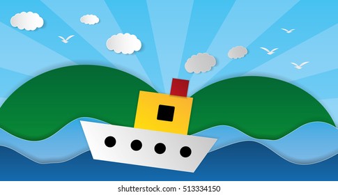 Beautiful Cute vector Steam Boat on paper cut seascape, background illustration