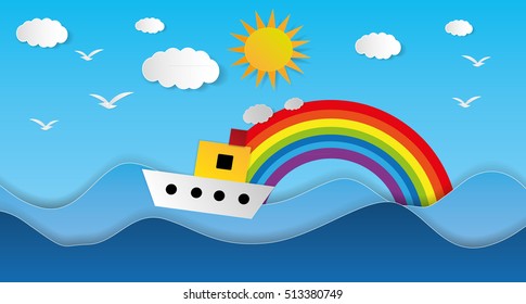 Beautiful Cute vector Steam Boat on paper cut seascape, background illustration