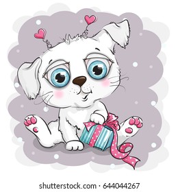 Beautiful and cute white puppy with gift box