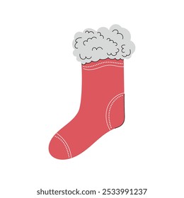 Beautiful cute winter red socks with fur on top isolated on white background. Hand drawn vector flat colored illustration. Traditional merry christmas and happy new year wear for cold winter