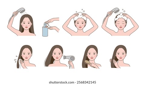 Beautiful cute woman washing her hair with shampoo, and drying her hair with towel and hair drier, and combing hair