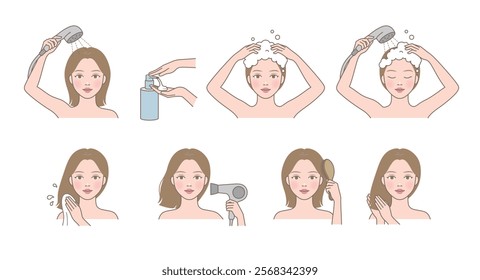 Beautiful cute woman washing her hair with shampoo, and drying her hair with towel and hair drier, and combing hair