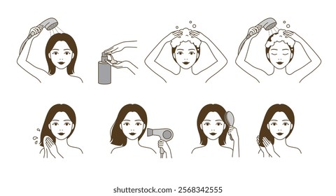 Beautiful cute woman washing her hair with shampoo, and drying her hair with towel and hair drier, and combing hair