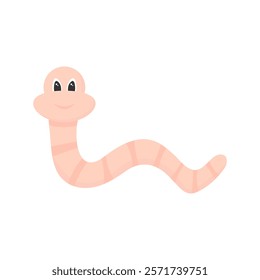 Beautiful cute worm in cartoon style on a white isolated background. Minimalistic happy worm. The garden worm smiles.