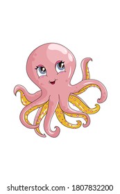 A beautiful and cute yellow pink octopus, design animal cartoon vector illustration