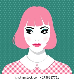 Beautiful cute young smiling woman with short pink hair, wearing dress with white and pink checked pattern and white collar, against background with heart pattern