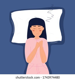 Beautiful cute young woman with dark hair in light pink pajamas sleep in her bed. Flat vector stock cartoon illustration on dark blue background.