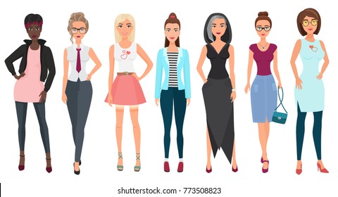 Beautiful cute young women in fashion clothes. Detailed girls female characters. Flat style vector illustration.