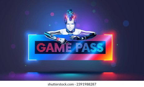 Beautiful cyborg woman holds game pass for computer video games, digital entertainment. Female robot with banner splash with text game pass for video gaming consoles. Gamers banner with robot woman.