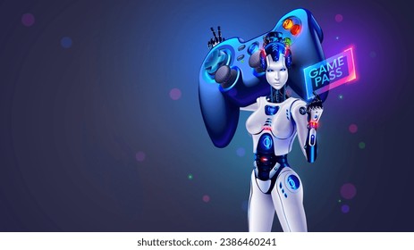 Hermosa ciborg mujer sostiene sobre su hombro enorme gamepad, pase de juego para videojuegos de computadora, entretenimiento digital. Robot femenino con gran controlador para consolas de juegos en afiches o banner de jugadores.