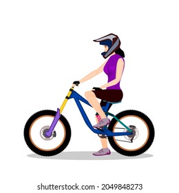 beautiful cyclist sitting on downhill mountain bike.Isolated vector illustration on a white background.
