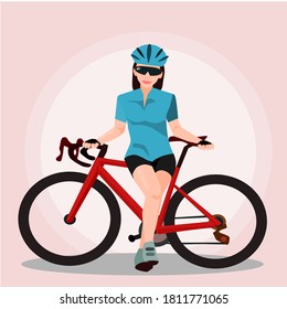 Beautiful cyclist Wear a cycling suit Standing with a road bike.A young cyclist sitting relax on a bicycle saddle after the race.