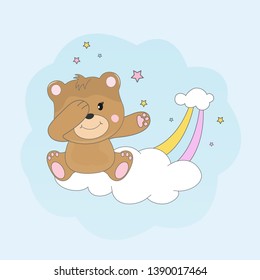 Beautiful dabbing bear sitting on a cloud and dreams of love. The background is made in the style of pink stars. Vector illustration drawn in flat style. Drawing can be applied to children's t-shirts.