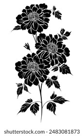 Beautiful dahlia flower silhouette blooming on a stem, surrounded by lush leaves in monochrome. Perfect for elegant and versatile design projects