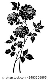 Beautiful dahlia flower silhouette blooming on a stem, surrounded by lush leaves in monochrome