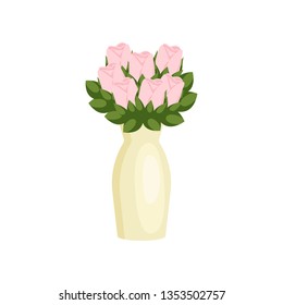 Beautiful dainty flowers roses composition in high vase on empty background