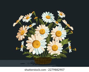 Beautiful Daisies Bouquet In Basket Against Black Background.