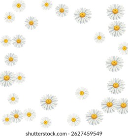 Beautiful  daisies frame on a white background, perfect for spring and summer designs, invitations, and greeting cards. The delicate flowers create a fresh and cheerful atmosphere.