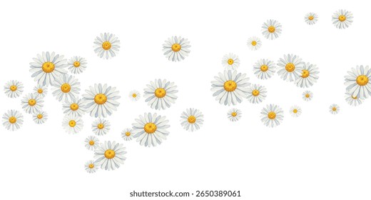 Beautiful  daisies frame on a white background, perfect for spring and summer designs, invitations, and greeting cards. The delicate flowers create a fresh and cheerful atmosphere.