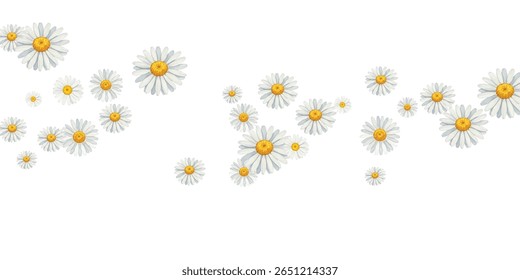 Beautiful  daisies frame on a white background, perfect for spring and summer designs, invitations, and greeting cards. The delicate flowers create a fresh and cheerful atmosphere.