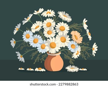 Beautiful Daisies Plant Pot On Dark Green Background.