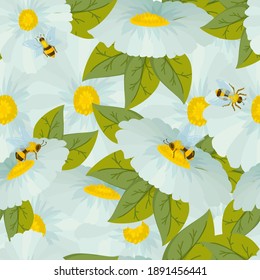 beautiful daisy flower pattern drawn in cartoon style with bees sitting on flowers. Seamless pattern of white flowers. Vector illustration isolated on white background.