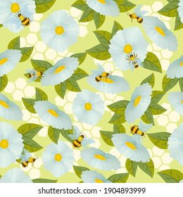 beautiful daisy flower pattern drawn in cartoon style with bees sitting on flowers. Seamless pattern of white flowers. Vector illustration isolated on white background.