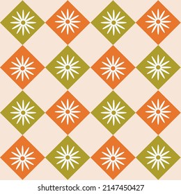 Hermoso patrón de flor de margarita sin fisuras en las formas geométricas de la mostaza verde y el argyle anaranjado. Patrón retro para tela, textil, papel pintado y decoración doméstica  