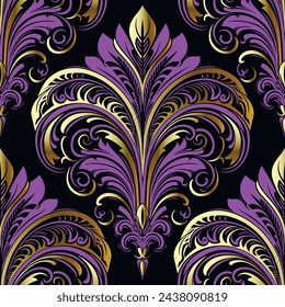 Beautiful Damask Art nouveau Seamless floral ornamental 3d pattern for fabric, wallpapers, cards. Vector luxury background in violet gold black colors. Nouveau ornaments with vintage flowers, leaves.