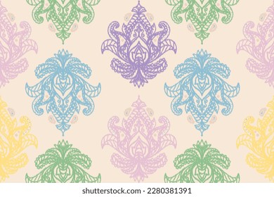 Beautiful damask paisley Ikat oriental ethnic seamless pattern. Chinese, Persian, European, Indian style. Design for carpet, wallpaper, clothing, fabric, texture, home decor, wrapping, rug, textile.